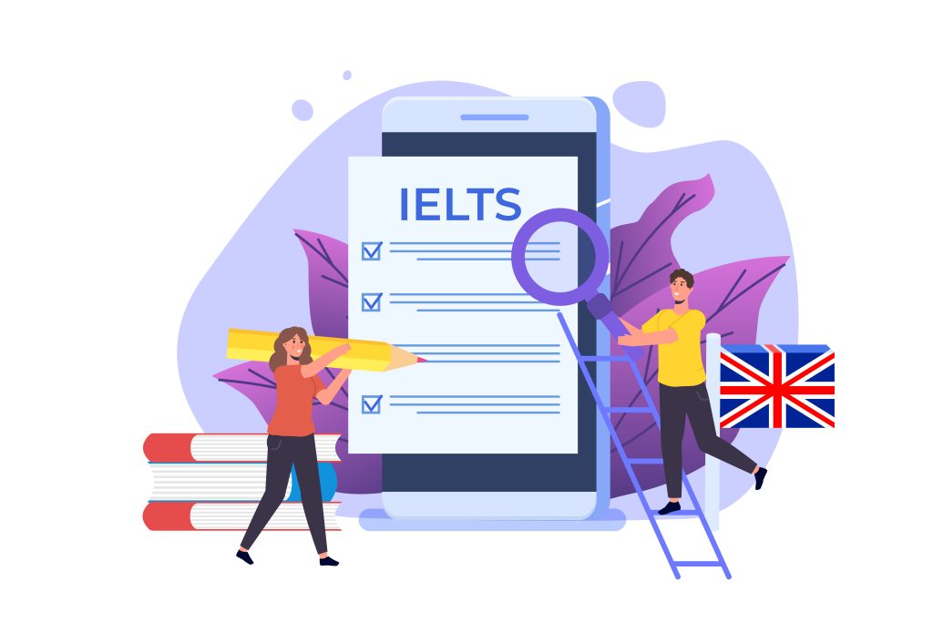 English Proficiency Test and Exam. IELTS International English Language Testing System. Vector illustration.
